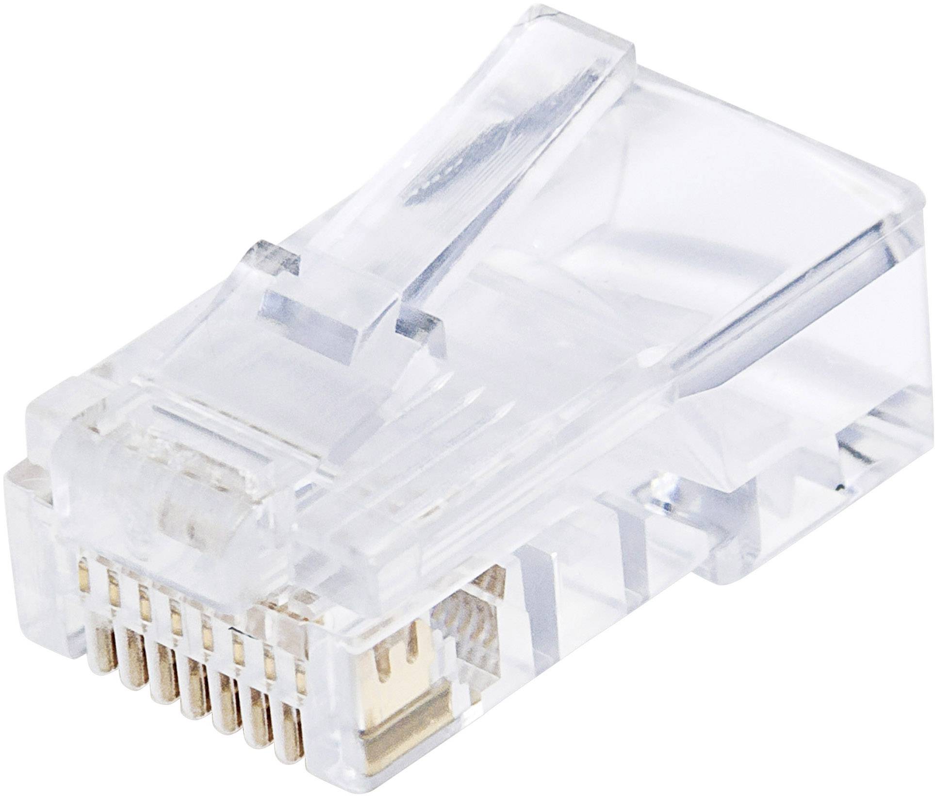 A transparent RJ-45 plug commonly used for network cables such as Ethernet.