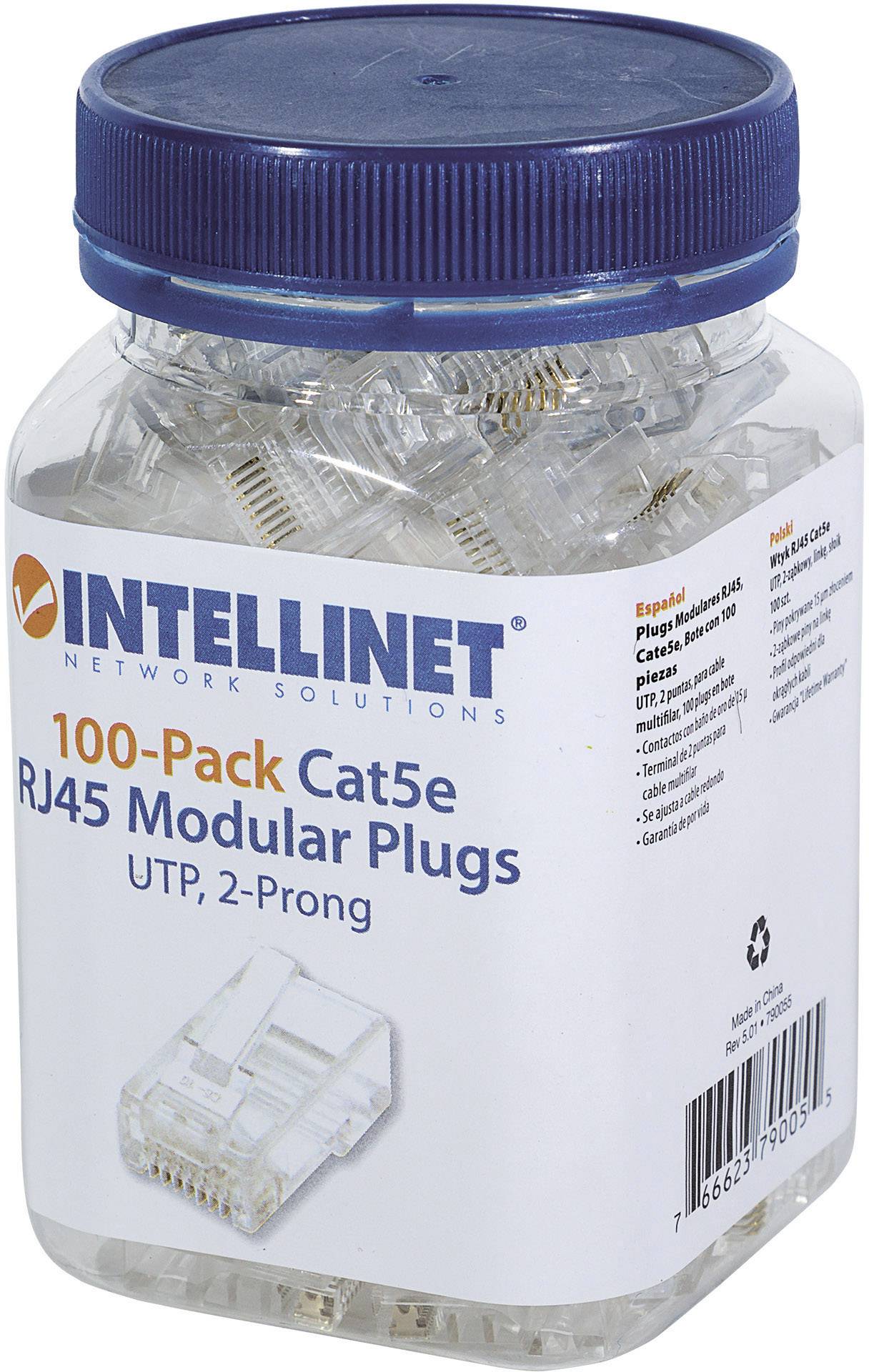 A plastic container labelled 'Intellinet 100-Pack Cat5e RJ45 Modular Plugs'. Contains transparent connectors for network cables.