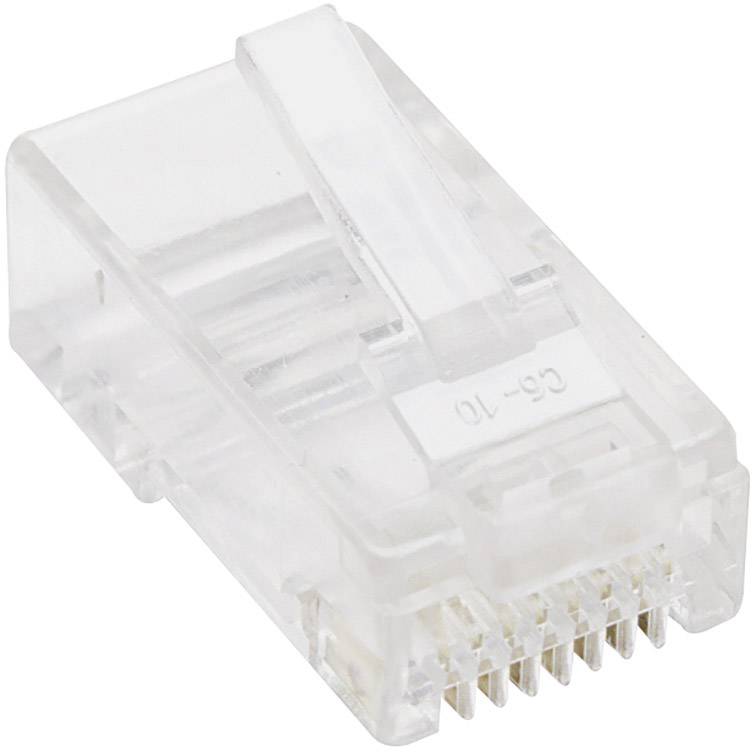 A transparent RJ45 network plug with eight golden contacts, commonly used for Ethernet cable connections in networks.