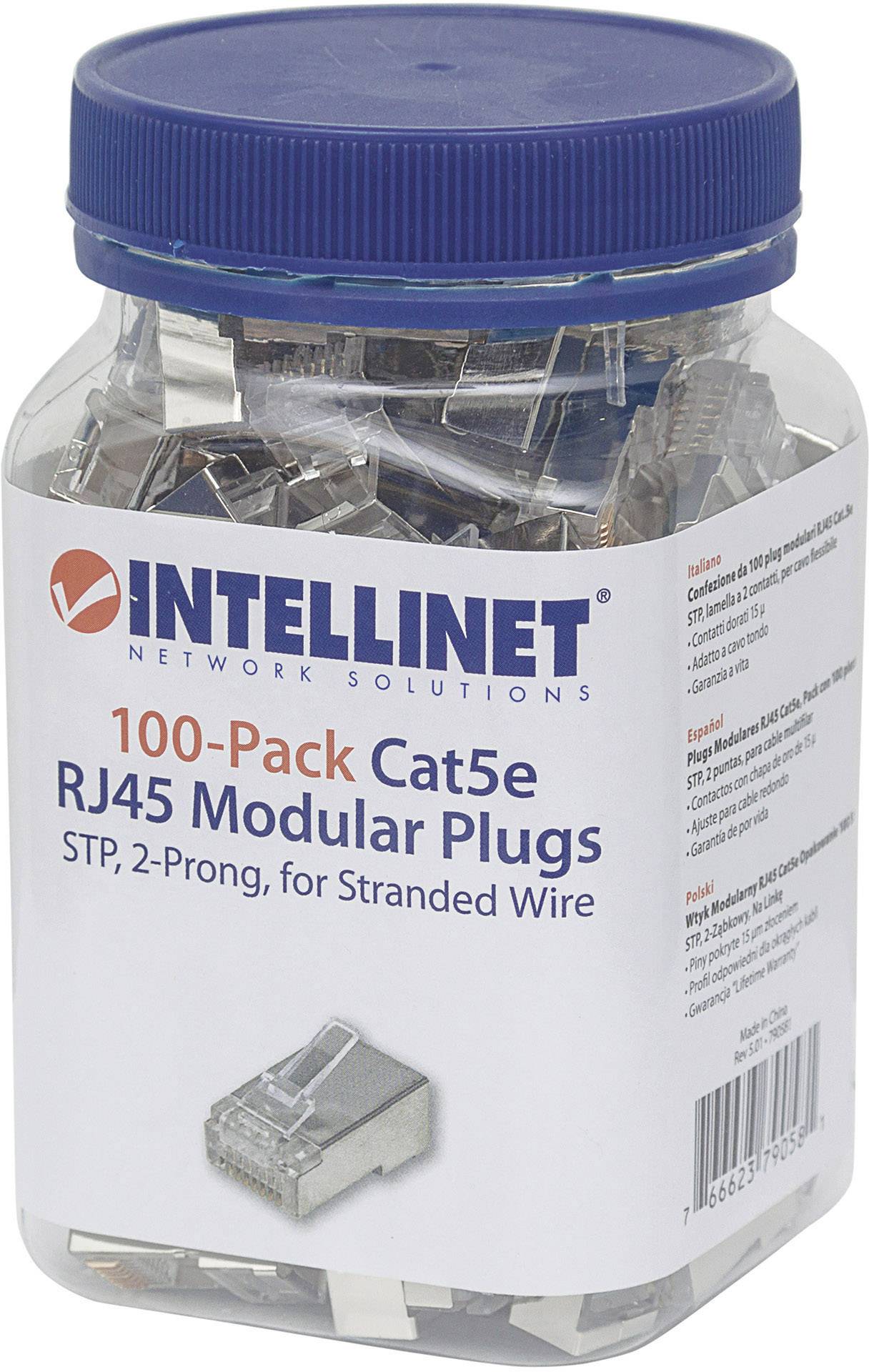A square plastic box containing 100 Intellinet Cat5e RJ45 modular connectors, suitable for twisted pair cables.
