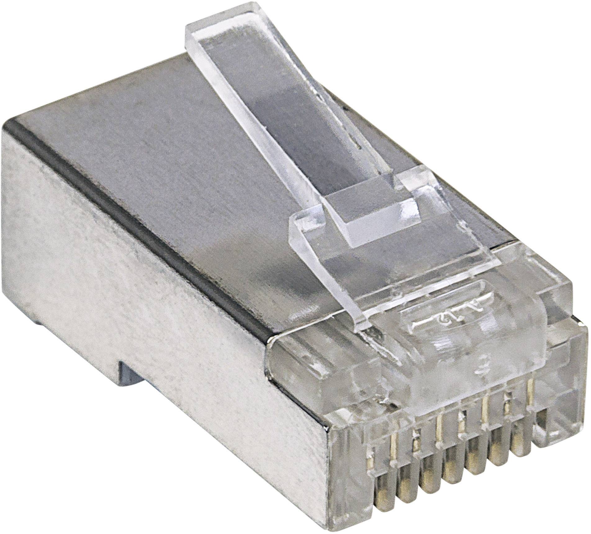 A single RJ45 plug made of metal and plastic, used for network cables.