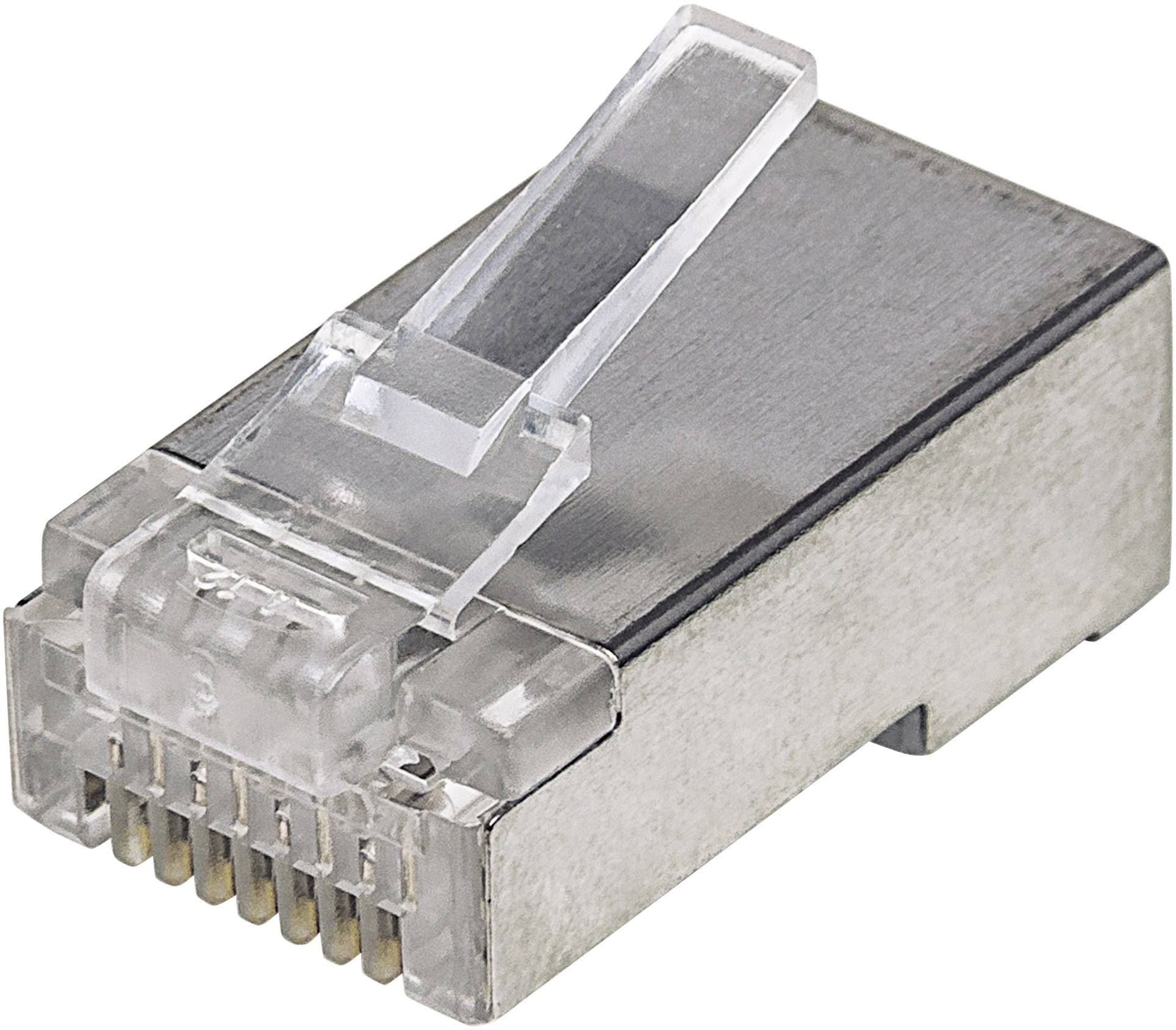 A RJ45 plug, typically used for Ethernet network connections, with a silver casing and visible gold-coloured contacts.