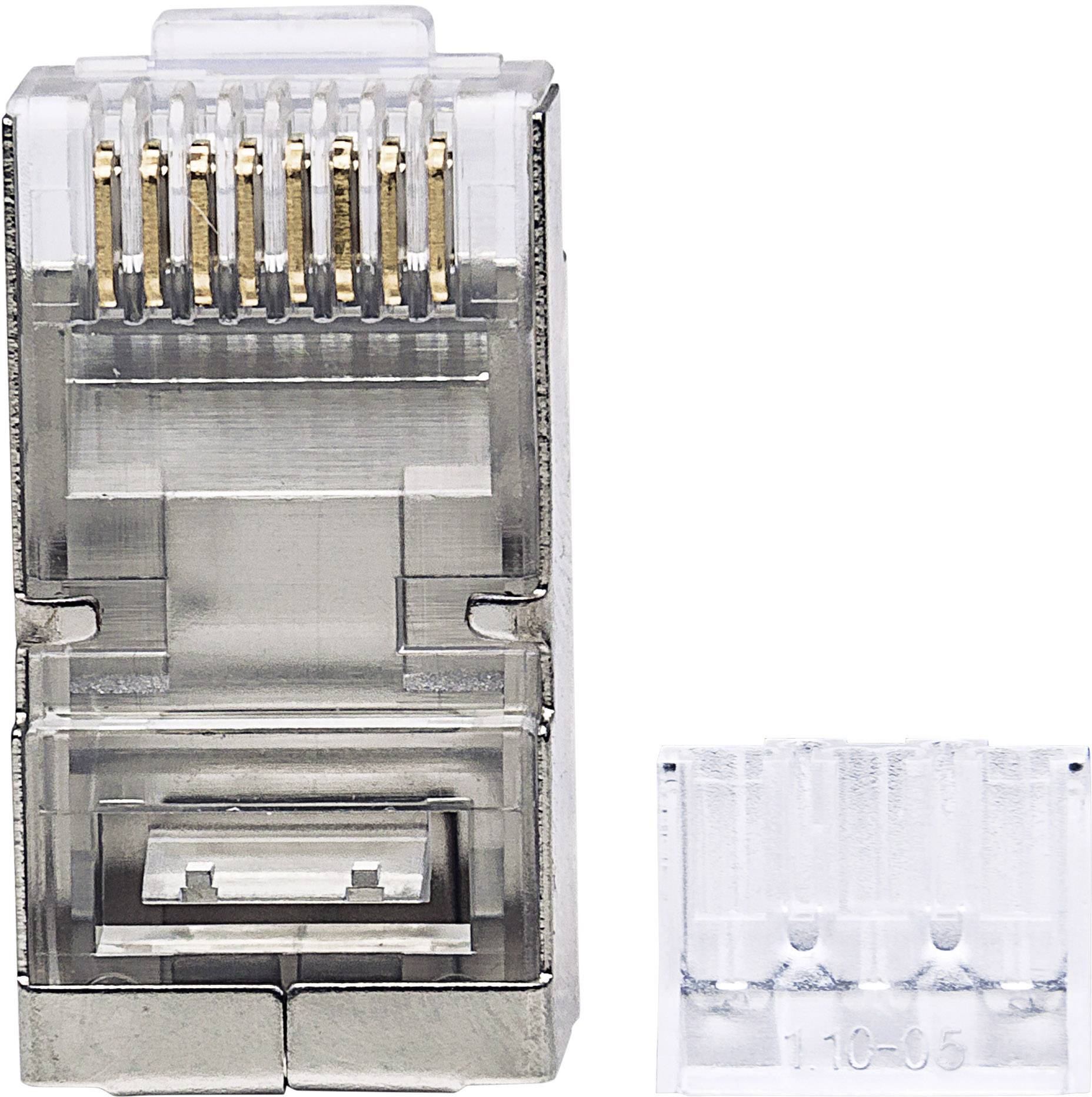 Close-up of a transparent Ethernet plug, showing the golden contacts for data transmission.