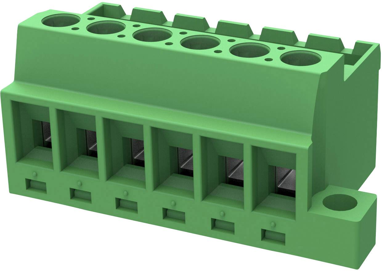 Green electrical connector with six terminals, suitable for connecting cables in electronic devices.