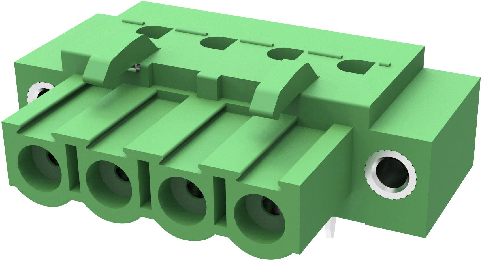 Green electrical connector with four terminals, suitable for printed circuit boards. Suitable for industrial applications.
