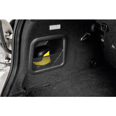 A side view of a car boot with storage space secured by a net. Contains a yellow and black object.