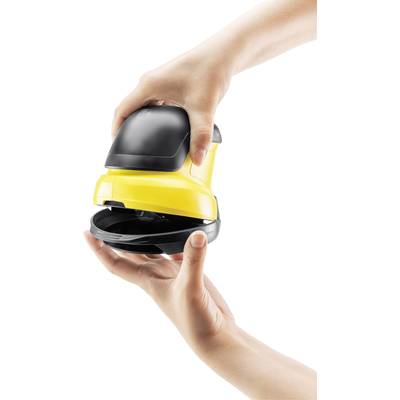 Two hands holding and taking apart a yellow and black handheld vacuum cleaner, against a white background.