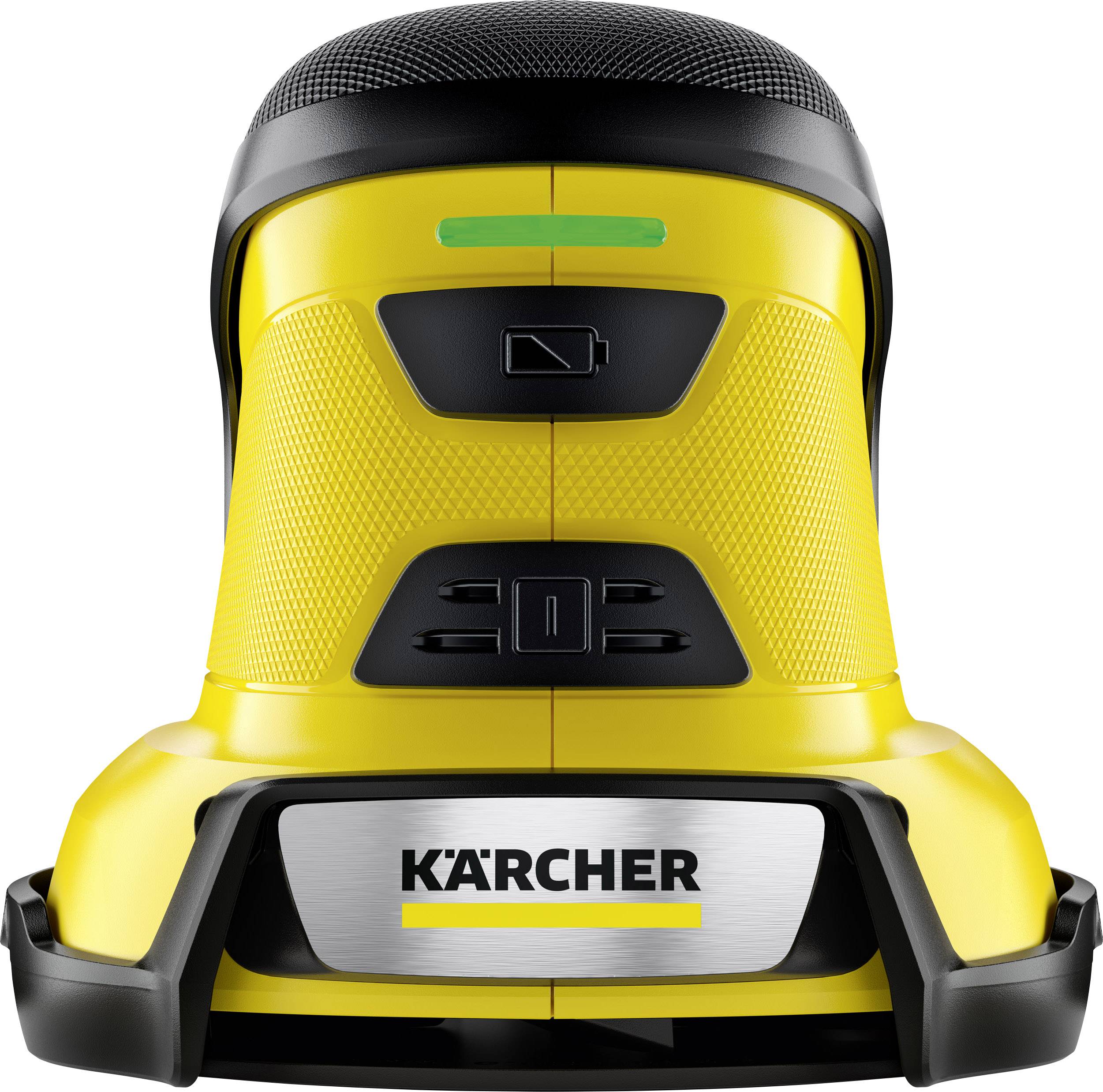 A yellow Kärcher glass cleaner with a black handle and built-in battery. Front view of the device with prominent brand lettering.
