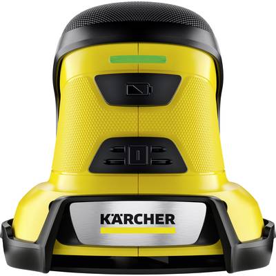 A yellow Kärcher glass cleaner with a black handle and built-in battery. Front view of the device with prominent brand lettering.