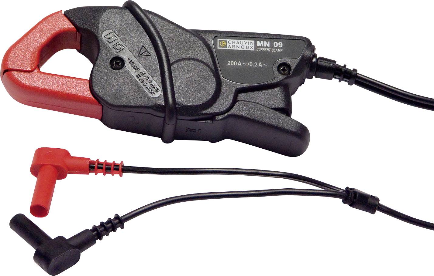 Electrical current clamp with red and black cables. Model number 'MN 09' visible on the clamp. Suitable for measurements up to 200 A/0.2 A.