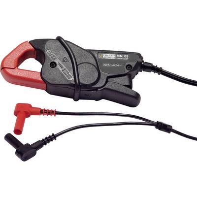 Electrical current clamp with red and black cables. Model number 'MN 09' visible on the clamp. Suitable for measurements up to 200 A/0.2 A.