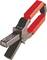 A red current clamp meter with a black handle and measurement probes, used for electrical measurements.