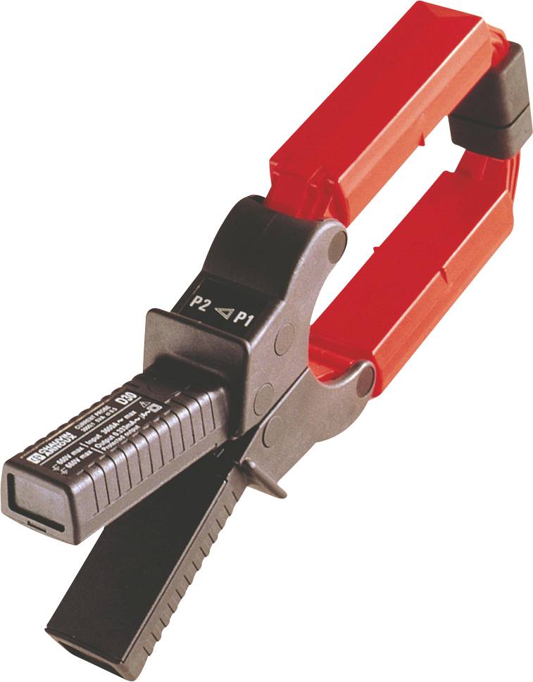 A red phase tester with a black handle and markings 'P2', 'P1'. Used for testing electrical voltages.