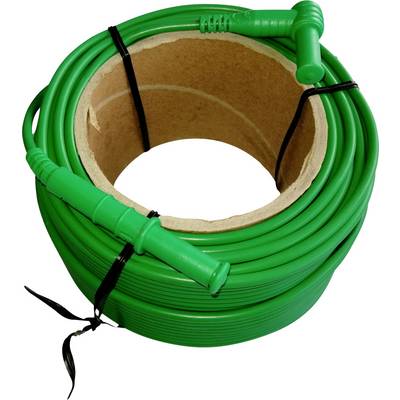 A green garden hose reel secured with two black cable ties. A green nozzle is attached at the end of the hose.