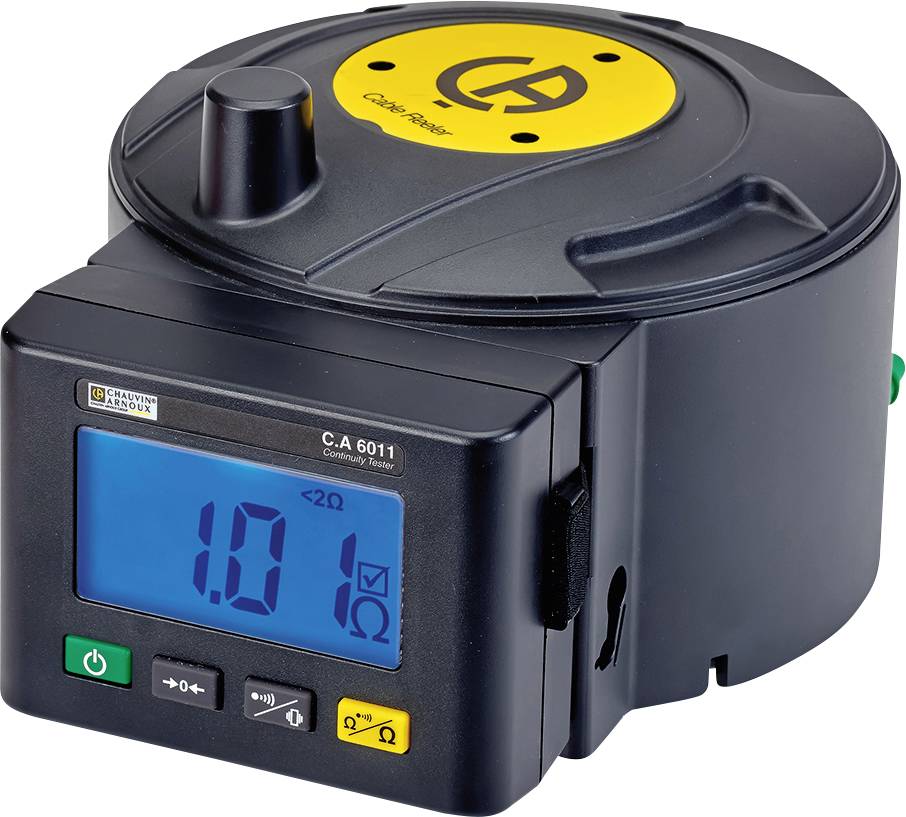 A digital resistance measuring device with a blue display shows '1.01 Ω'. The casing is black with a yellow logo.