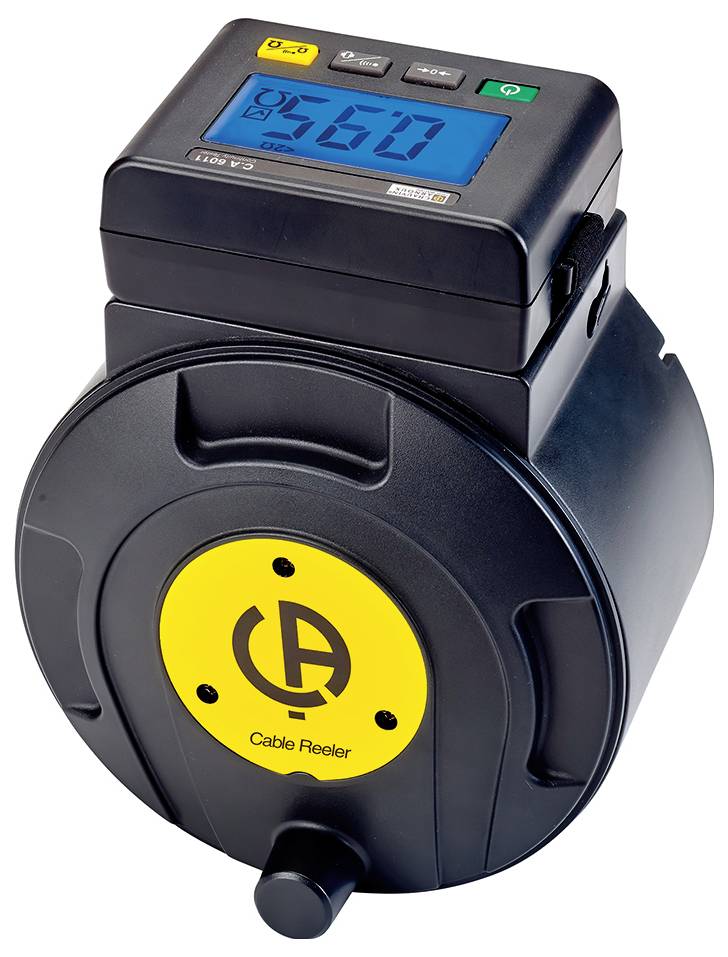 A cable winder with a digital display showing '360'. The device has a black surface and a yellow logo.