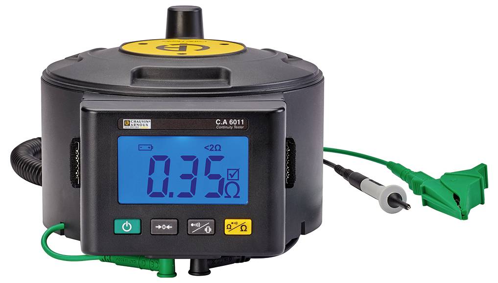A digital measuring device for continuity testing. Displays a value of '0.35 Ω' on a blue display. Two connected test leads.