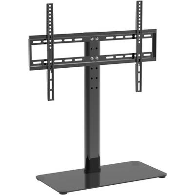 Black TV stand with adjustable metal brackets and rectangular base, suitable for flat-screen televisions.