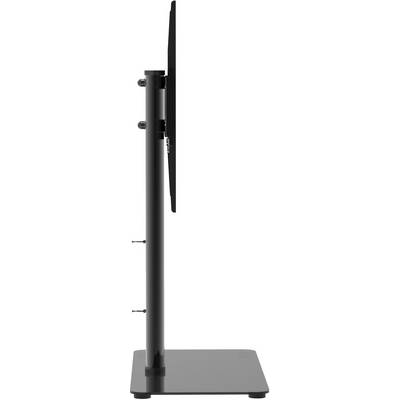 Flat, black metal TV stand, side view. Adjustable mounting and rectangular base.