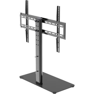 Black TV stand with height-adjustable mount, suitable for flat screens.