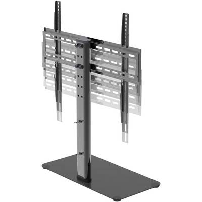 A black, height-adjustable TV stand with a rectangular base and adjustable mounting frame, suitable for various TV sizes.
