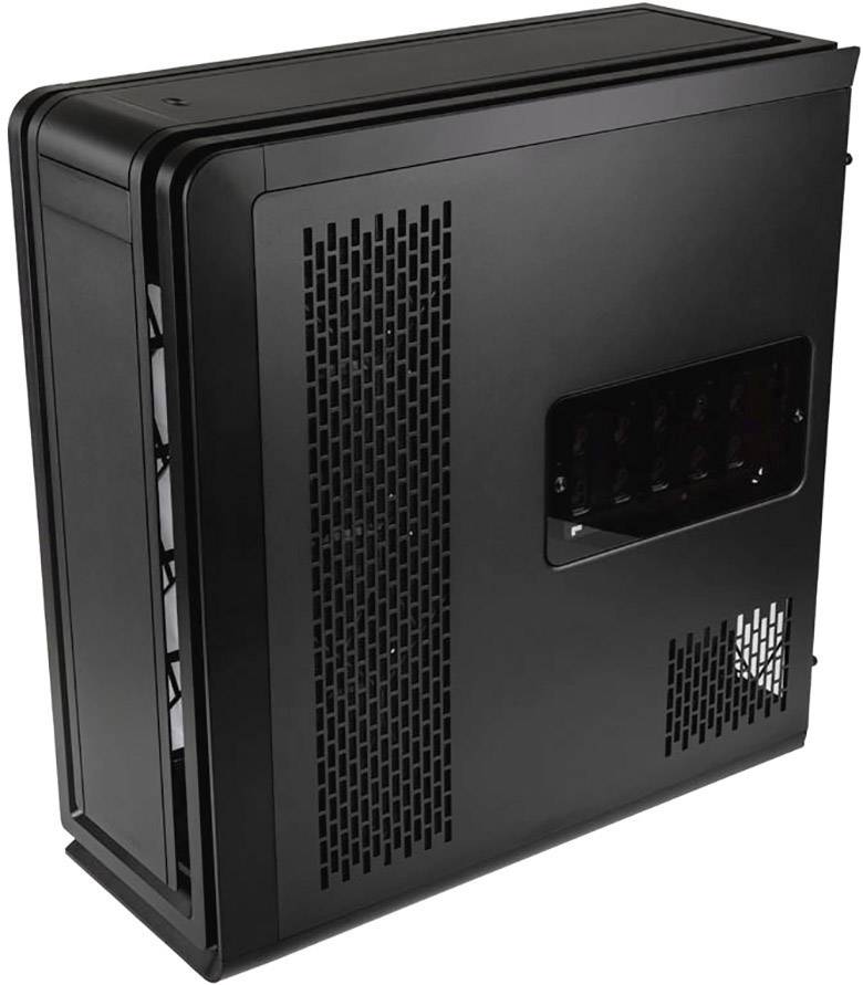 Black computer case with side ventilation slots and a window that provides a view of the internal components.