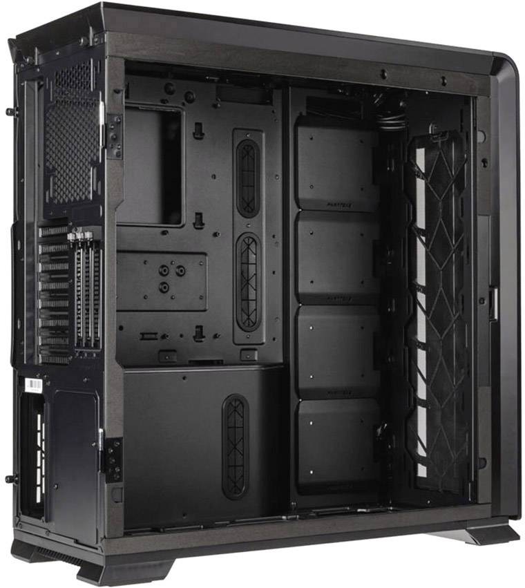 Empty computer case with an open side panel, black interior, multiple drive bays and ventilation slots visible.