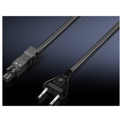 A black power cable with a rounded plug on the left-hand side and a two-pin Euro plug on the right-hand side.