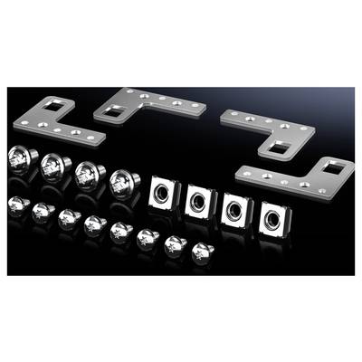 Metal parts set with angle plates, screws, and nuts on a black background for assembly or fastening in mechanical engineering projects.