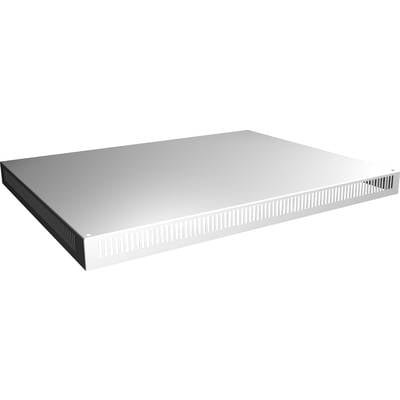 A silver, rectangular, perforated metal rack shelf used for mounting equipment in a server rack.