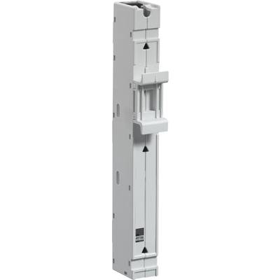 A grey, vertical electrical component with multiple plug connections and a horizontal holder on the right side.