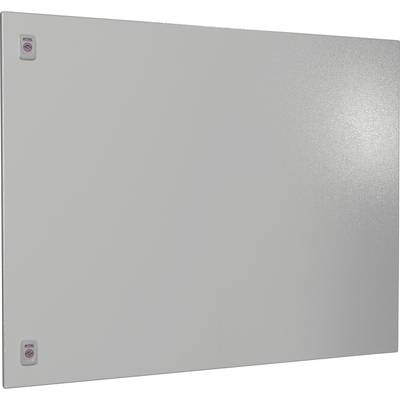 Grey metal plate with two small buttons on the left side, which is used for technical or industrial applications.