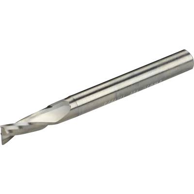 A metal milling cutter with a sharp cutting edge and cylindrical shaft lies on a white background. Suitable for precision machining.
