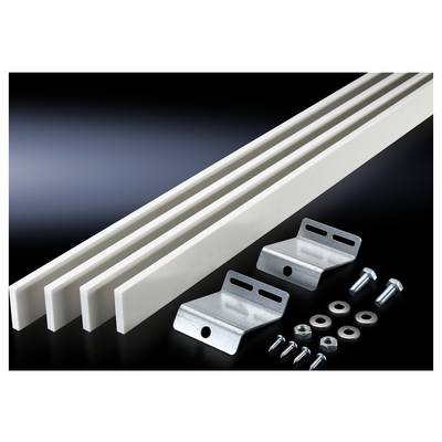 'Solar module installation mounting kit: Three white rails, two metal brackets, and fixing screws on a black background.'