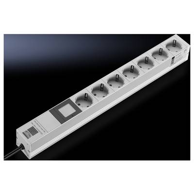 Six-socket power strip in silver-grey with a toggle switch on the left against a black background. Suitable for multiple electronic devices.