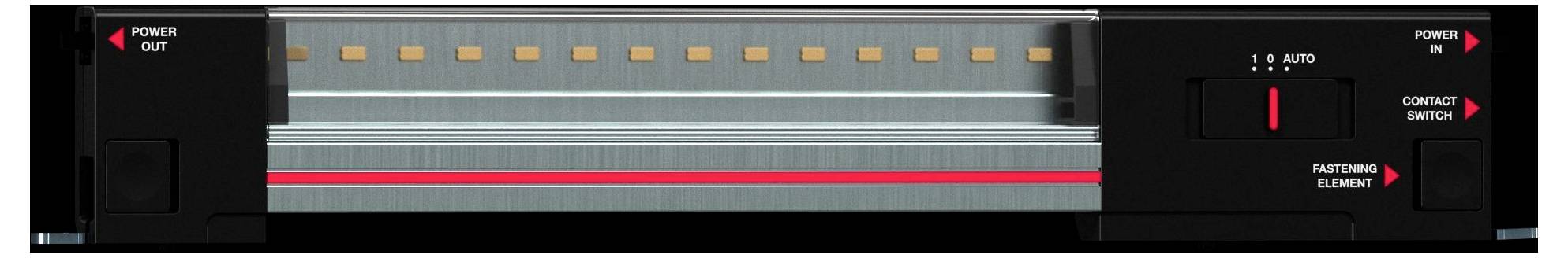 Front panel of a rack-mounted audio device with a central level display and indicators for power, auto, contact closure, and voltage.