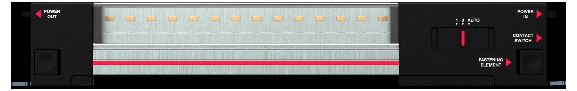 Diagram of a modular machine conveyor/guide rail with labeled parts, including power cut, contact switch, and fastening element.