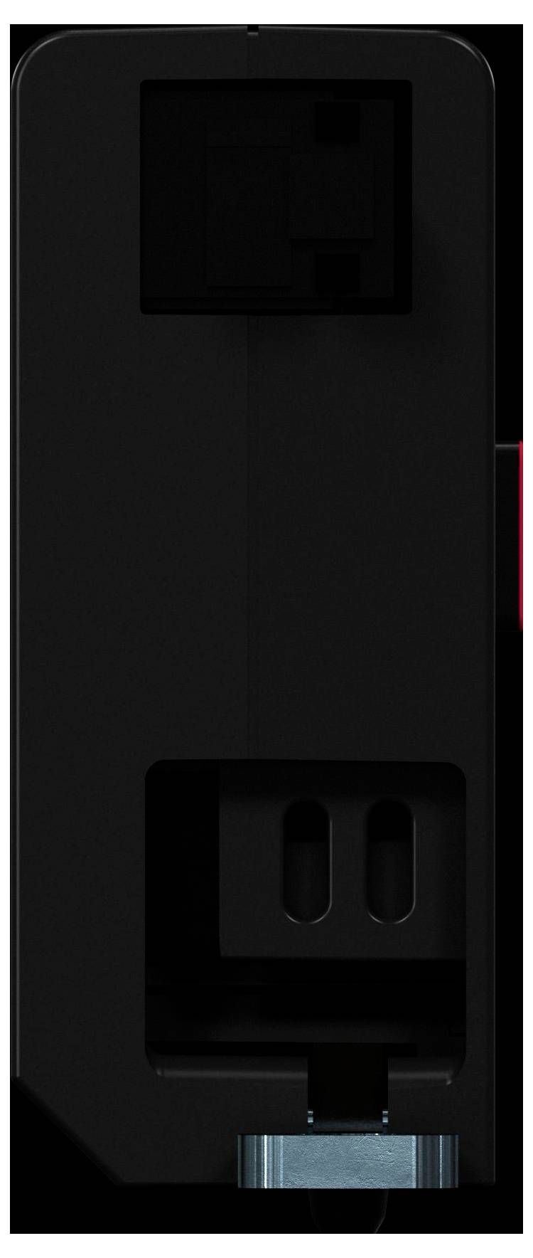 Black rectangular device panel with a large recessed top section, lower sensor/slot opening, and a small blue-lit component at the bottom.
