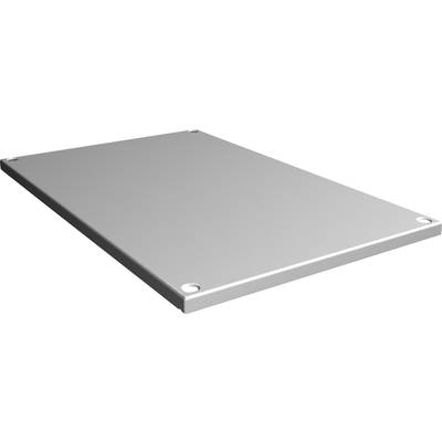 Grey rectangular metal plate with rounded corners and four drill holes at the corners, lying on a white surface.