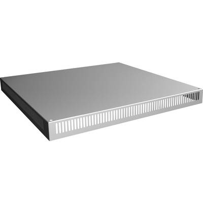 Grey-painted shelving unit with ventilation slots for IT racks, designed to support heavy equipment and optimise air circulation.