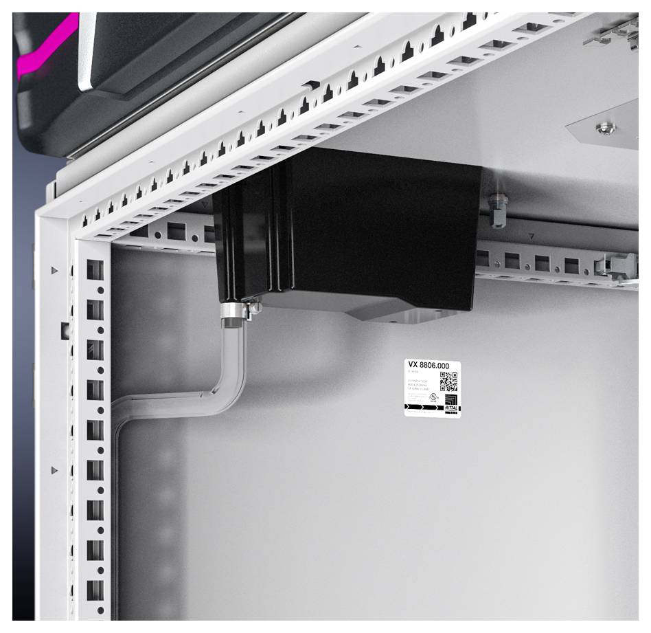 An open electrical cabinet with internal components, wiring, and a nameplate reading 'VX 8800.000'.