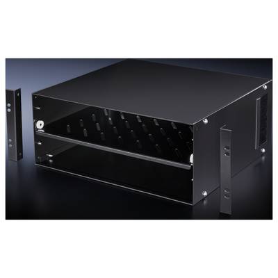 Black, rectangular metal enclosure with ventilation slots. Two mounting brackets have been removed. Suitable for technical equipment.