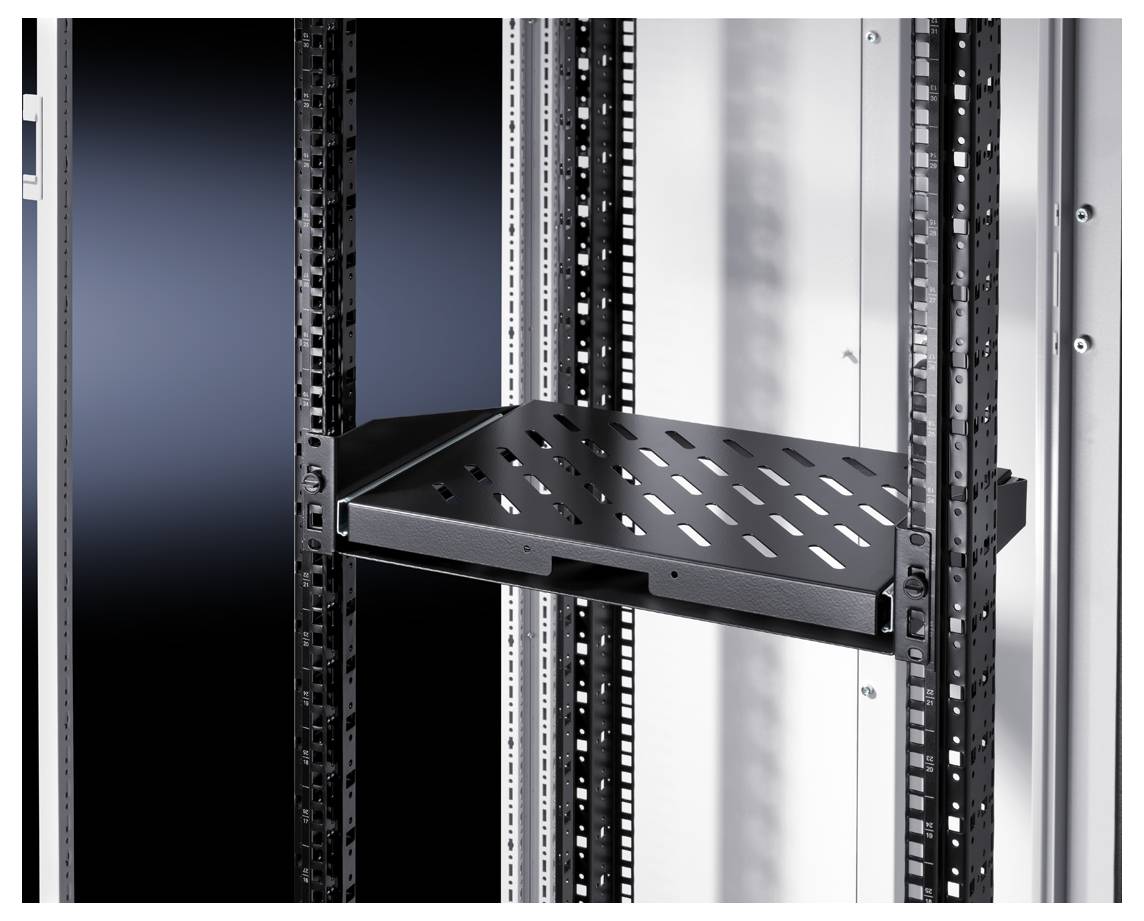 Metal shelf drawer in an open server rack, partially pulled out and empty, with a perforated surface for ventilation.