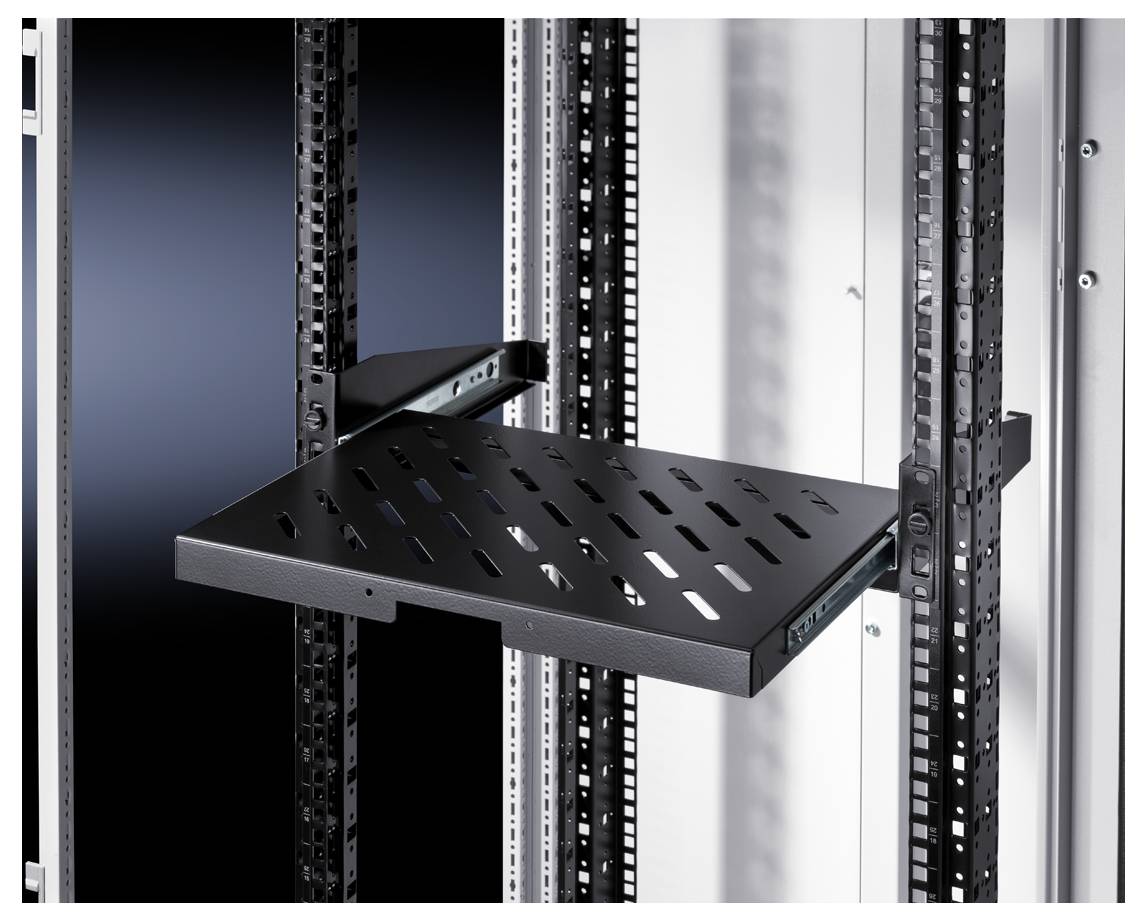 A black technical shelving unit is mounted on a server rack. It features a perforated surface to facilitate device ventilation.
