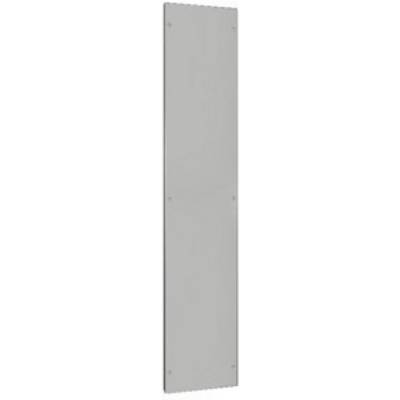 A grey, rectangular metal panel with a smooth surface and rounded corners, positioned vertically.