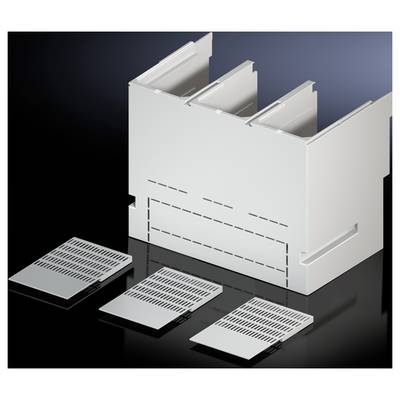 Metal enclosure with three compartments and removable perforated covers. Suitable for electronic or cooling applications.