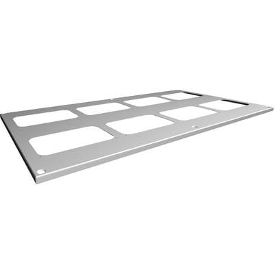 Metal plate with rectangular cutouts and rounded corners. It appears to be part of a larger technical device or enclosure.