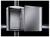 An open, grey metal cabinet against a black background, mounted on a metal post, reveals an empty interior.