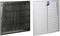 Two rectangular ventilation grilles side by side: on the left a black grille, on the right a white one with ventilation flaps and a blue label.