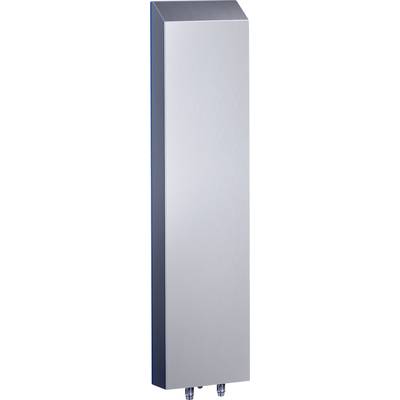 Vertical, rectangular, silver-coloured metal body with two connections at the bottom, most likely a radiator or heat exchanger.